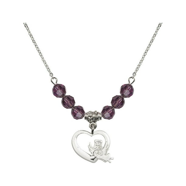 18-Inch Rhodium Plated Necklace with 6mm Amethyst Birthstone Beads and Sterling Silver Guardian Angel Charm. 18-Inch Rhodium Plated Necklace with 6mm Amethyst Birthstone Beads and Sterling Silver Guardian Angel Charm.